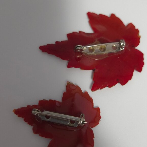 VTG 2PC Brooch Set Orange Red Gold Enamel Painted Maple Leaf Canadian Botanical - Picture 6 of 8